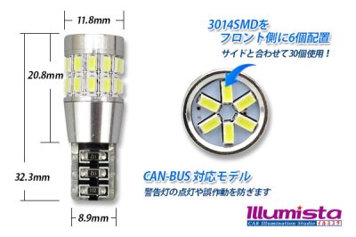 画像1: Canbus 3014 30SMD T10バルブ 白色